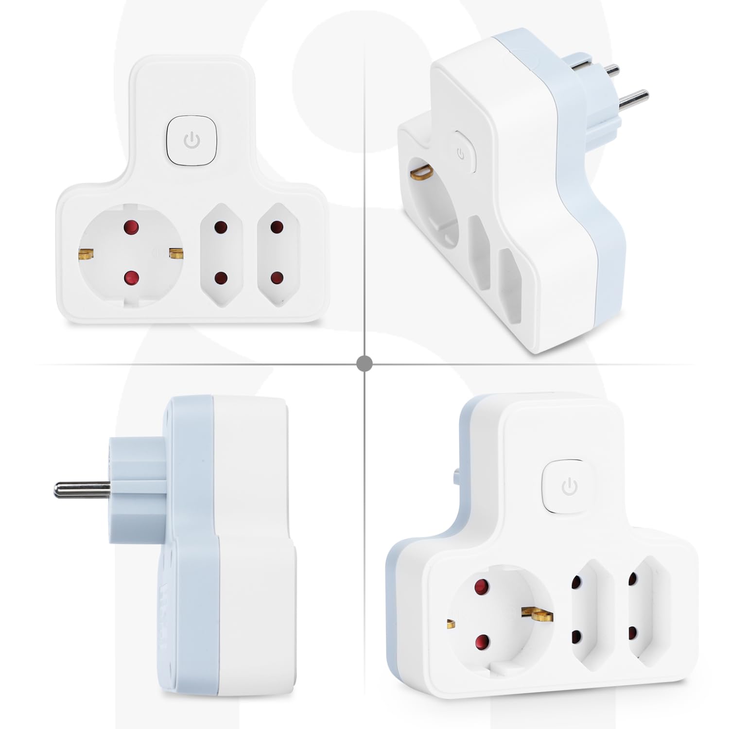 Adapter gniazdkowy Aigostar z przełącznikiem, 3 gniazda, adapter gniazdkowy z zabezpieczeniem przed dziećmi, 1 Schuko, 2 wtyczki EU, biały