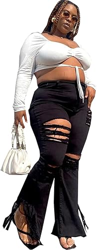 Miniatura 6 de HannahZone Pantalones de mezclilla rasgados para mujer, talla grande, cintura elástica, acampanados, talla 5XL