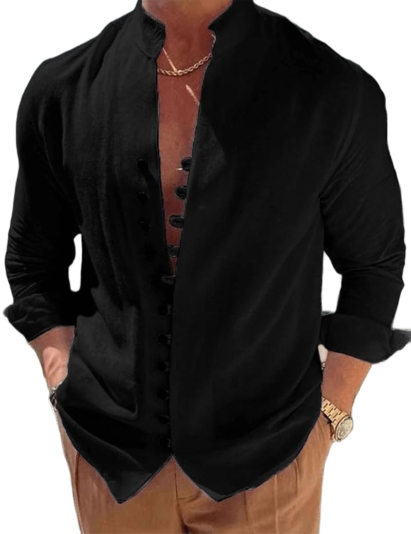 Mens Long Sleeve Shirt Button Down Loose Fit Vintage Shirts Banded Collar High Elastic Tops Henley Shirt