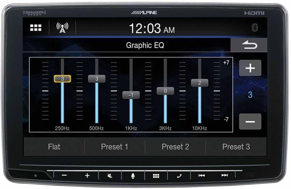 Alpine Halo9 iLX-F409 display showing vehicle climate control interface, indicating integration with car systems.