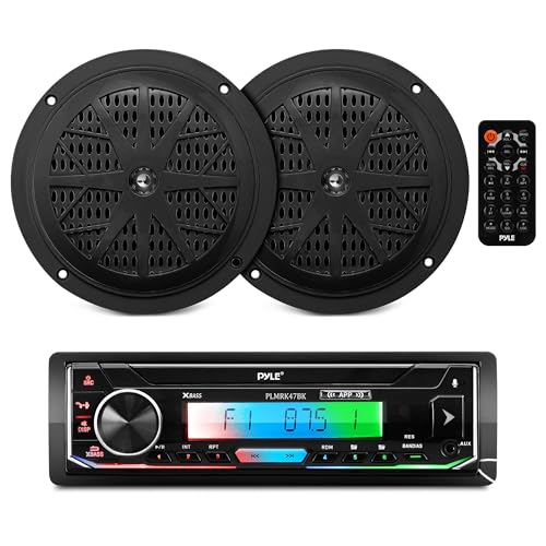Image of Pyle Bluetooth Marine Receiver Stereo & Speaker Kit 300W Single DIN Boat Marine Head Unit l LCD, Mic, Hands-Free Calling, AUX, MP3 /USB /SD, AM /FM Radio, Remote - PLMRK47BK (Black)