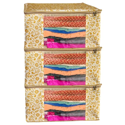 AMAK INC Saree Cover, Zipper Closure Saree Storage Bag, Saree Organizer for Wardrobe with Transparent Window, Clothes Storage Bags for Lehenga, Floral-Polka Design, Beige, Pack of 3