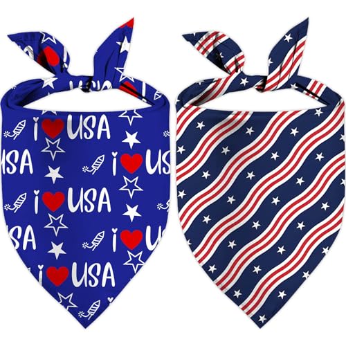 4th of July Dog Bandanas, Adjustable Independence Day Holiday Party Pet Decorations 2 Pack, Patriotic Bandana American Flag Triangle Bibs Cat Scarf Set