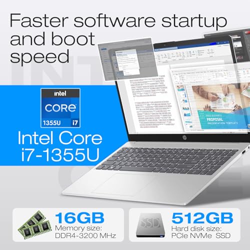 Image of HP 15.6 inch Full HD Touchscreen Business Laptop, Intel Core i7-1355U, 20GB DDR4 RAM, 512GB SSD, Windows 11 Pro Copilot AI,Numeric Keypad,Fast Charge, Office 365 for The Web with Laptop KB Kit