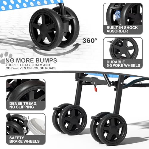 Image of MoNiBloom 4 Wheels Pet Stroller, Easy-Fold Umbrella Shaped Dog Cat Jogger Stroller w /Storage Bag & Visible Mesh for Small /Medium Dogs Cats Sky Blue Polka Dots