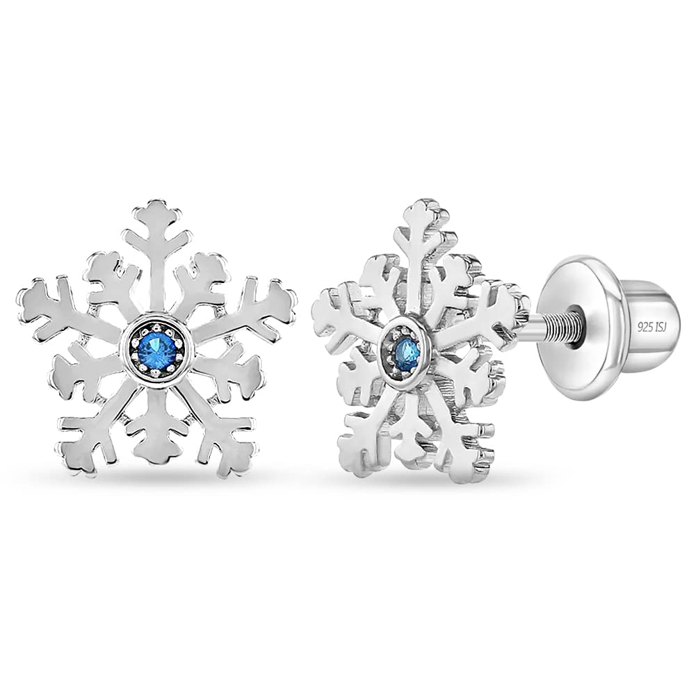 In Season Jewelry Orecchini a forma di fiocco di neve con zirconia cubica, in argento Sterling 925, ipoallergenici, per ragazze, con chiusura a vite di sicurezza, sicuri e comodi per bambine e bambine