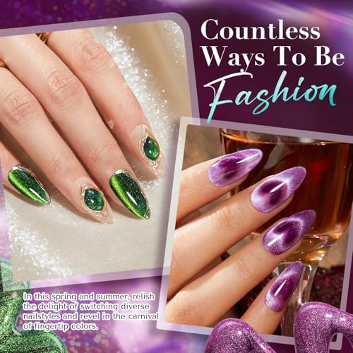 Image of AZUREBEAUTY Cat Eye Magnetic Nail Polish Set, Quick Dry Non-Gel Holographic Fingernail Mooncat Polish with Top Coat, 4 Colors (Red, Purple, Green, Teal), DIY Salon at Home Manicure for Women
