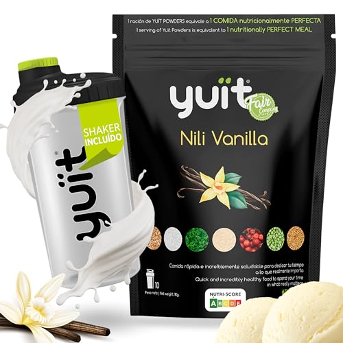 YUIT - Batidos Sustitutivos de Comida con 31 vitaminas y Minerales + Probióticos - Batido Proteico con 35gr de proteínas - Comida Real y Natural - Batido dietético saciante (1 kg- Vainilla + SHAKER)