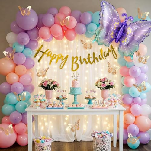Image of Special You Butterfly Theme Birthday Party Decorations with Pastel Balloons for Decoration, Foil Balloons for Decor, Butterfly Stickers for Wall Decoration, Birthday Decorations Kit for Girls