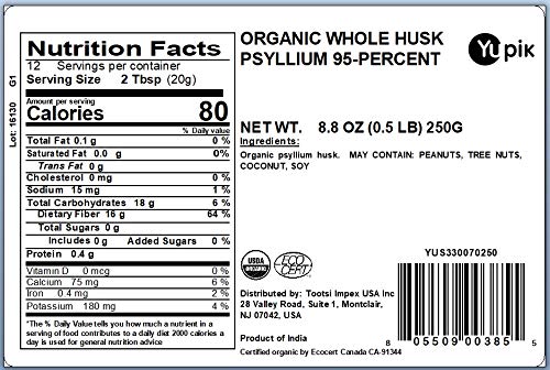 Image of Yupik Organic Whole Husk Psyllium 8.8 Oz (Pack of 6), 95% Purity, Soluble Fiber, USDA Certified, Non-GMO, Kosher, Gluten-Free, Sugar-Free & Fat-Free, Unflavored, Plant-Based