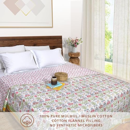 Image of TOAIArt Premium Jaipuri Dohar | AC Blanket Summer Quilt | Hand Block Printed | 3 Layers | Reversible | 150GSM 100% Mulmul Cotton | 100% Cotton Flannel Filling | King 108 inch X 90 inch | Spring Floral