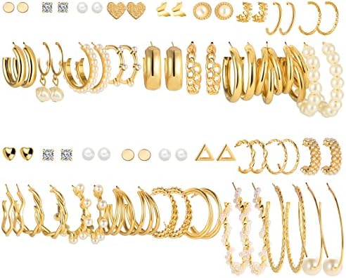 36 Pairs Gold Earrings Set for Women Girls, Fashion Pearl Chain Link Stud Drop Dangle Earrings Multipack Statement Earring Packs, Hypoallergenic Earrings for Birthday Party Christmas Jewelry Gift