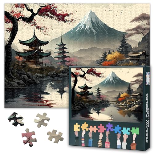 Japanese Landscape - Mount Fuji - Temples in Japan 1000 Large Piece Jigsaw Puzzle for Adults Challenging Puzzle Perfect for Game Nights - Finished Size: 27.5"x19.6"