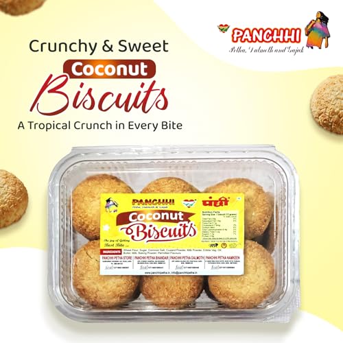 Image of Panchhi Coconut Biscuits 345 Gram | Crunchy and Sweet Coconut Cookies Made with Wheat Flour, Butter | Perfect Tea Time Snack (6 Month Shelf Life)