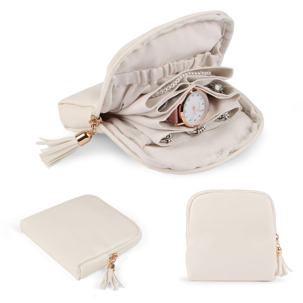 Pochette Bijoux Portable Multifonction Beige, Boîte à Bijoux de Voyage avec Franges