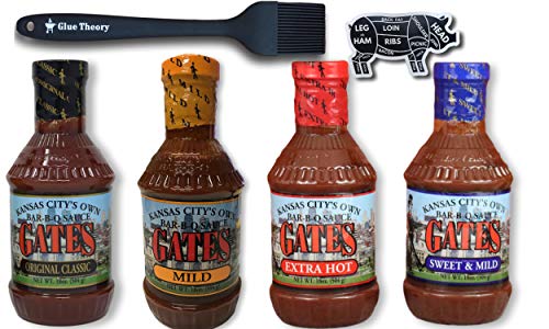 Kansas Cityâ€™s Own Gates Bar-B-Q Sauce Variety Pack - Includes Original, Extra Hot, Mild, and Sweet & Mild 18 Oz. Plus, Bonus Glue Theory Silicone Basting Brush and Pig Section Diagram BBQ Magnet