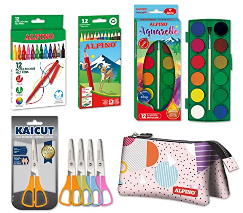 Alpino School Supplies Set | 12 Coloured Pencils + 12 Standard Markers + School Case 3 Geometric Compartments + Set 12 Watercolours + Scissors Kaicut | School Supplies Pack