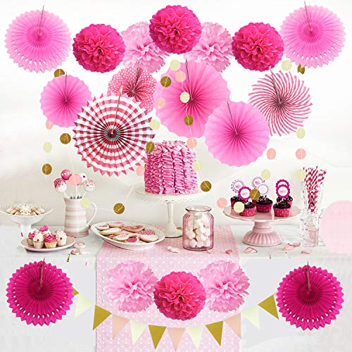 image for ZERODECO Party Decoration, 21 Pcs Pink Hanging Paper Fans, Pom Poms Fl