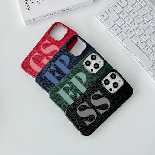 Personalized Initials Luxury Vegan Leather iPhone Case for Apple iPhone 15 14 13 12 11 Pro Max Plus/Samsung Galaxy S24 Plus Ultra 5G,Custom Monogram Phone Cover Black