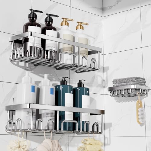 Image of Veken Shower Caddy 3-Pack, Advanced Rustproof Design, No Drilling Adhesive Shelves, Rack with Soap Holder, Large Capacity Bathroom Organizers and Storage, Wall-Mounted Kitchen & Home Decor
