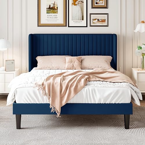 Image of SHA CERLIN Queen Size Velvet Bed Frame, Tufted Wingback Headboard, Blue | 47'' Modern Vertical Channel Headboard, Upholstered Platform Bed, Wood Slats, No Box Spring Needed, Easy Assembly, Noise Free