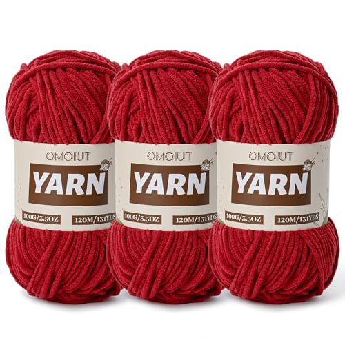 Image of 3 Packs Plush Chenille Chunky Crochet Yarn - Baby Yarn for Crocheting Soft - Velvet Yarns Knitting for Blankets Crafts - Fluffy Amigurumi Yarns 300g / 393yd (3 Burgundy)