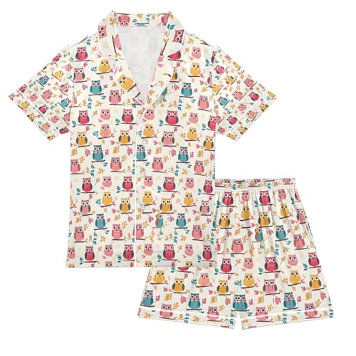 senya Many Colorful Owl Satin Summer Pajama Sets Silk Short Sleeve Button Down Sleepwear