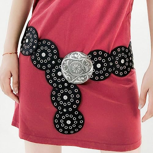 Wide Disc Belt for Women Hollow Leather Round Waist Belt With Metal Vintage Western Belt2