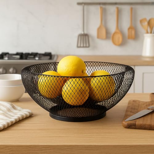 Image of Go Hooked Double-Layer Metal Mesh Fruit Bowl -12 Inch Durable & Stylish Iron Wire Basket, Keeps Fruits Fresh & Insect-Free, Perfect for Display Table, Dining Table, Room Desk Storage Basket - Black