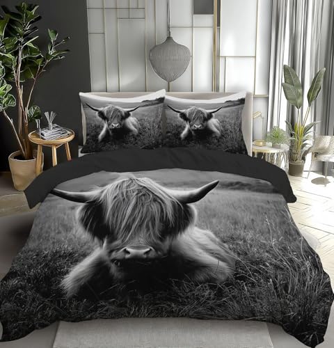 Linge de lit imprimé Highland Cattle 200x200 parure grise avec zip - 2