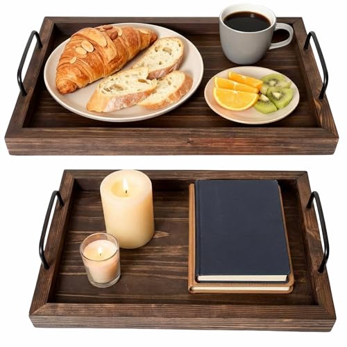 Besti Rustic Vintage Food Serving Trays (Set of 2) | Wooden Board w/Metal Handles | Stylish Farmhouse Decor Serving Platters | Small: 13.5' x 2 x 9.5, Large: 15.9' x 2' x 11.8' (Rustic Dark Brown)