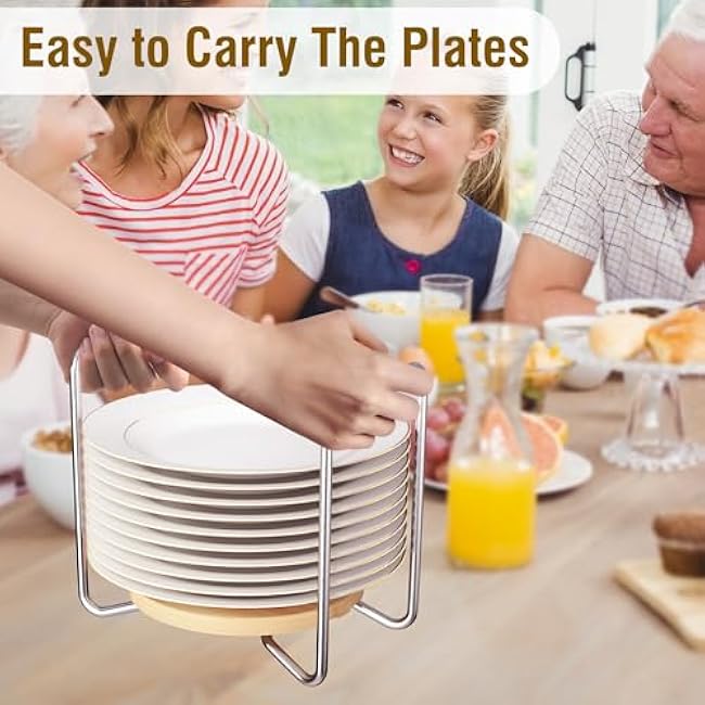 Plate Holder for Kitchen Drawers - Bamboo Dish Racks for Kitchen Counter 2Pcs Small & Large - Adjust 6.75 to 12.5 Stainless Steel Plate and Bowl Organizer for Cabinet, RV, Countertop