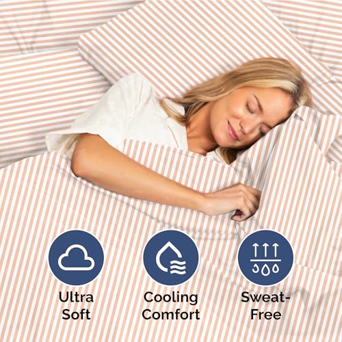 Image of Twin XL Size 3 Piece Sheet Set - Soft & Cooling Sheets - Blush Stripes 1 | Fits 8 Inch to 16 inch Mattress, Wrinkle Free & Fade Resistant with Deep Pockets, Breathable, Comfy Hotel Luxury Bedding