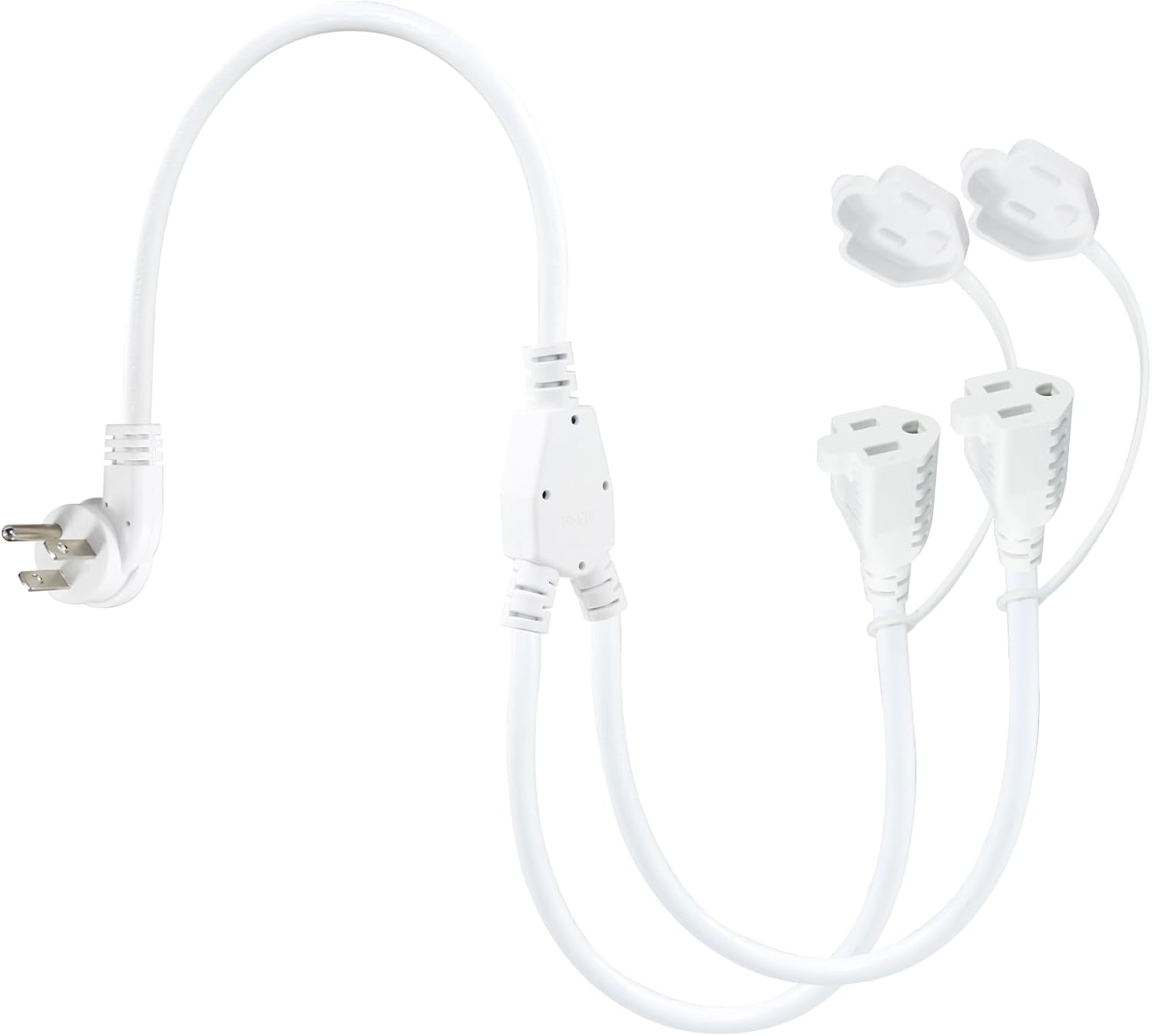 2FT Outdoor Power Extension Cord 2 Way Splitter - White Flat Wall Plug Short 3 Prong Y Splitte Extension Cord with 2Outlets, 125V 13A 16AWG 1 to 2 Splitter Waterproof Outdoor Extender Cord
