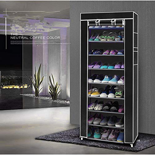ElifeAcc - Zapatero de 10 capas, 9 celosías, organizador de zapatos, estante apilable, armario con cubierta a prueba de polvo, fácil de montar, no requiere herramientas, negro, 58 x 29 x 160cm
