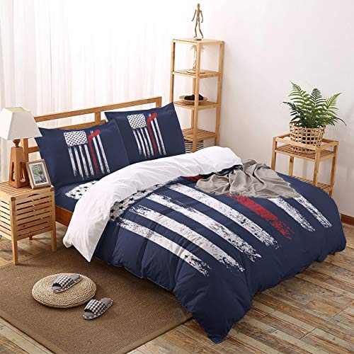 Luxury 4 Piece Bedding Set Full Size, American Flag with Red Hockey Stick Patten Duvet/Comforter/Quilt Cover Set with Bed Sheet Pillow Shams for Kids/Teens/Adults/School Sport Blue Backdrop - Thumbnail 5