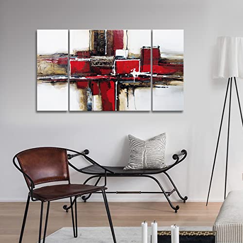 Noah Art-Red Abstract Wall Art For Living Room Wall Decor, 100% Handmade Burgundy Abstract Paintings On Canvas, 3 Piece Set Stretched And Framed Acrylic Abstract Artwork Modern Pictures For Rooms, 24" High X 48" Wide #TOP7