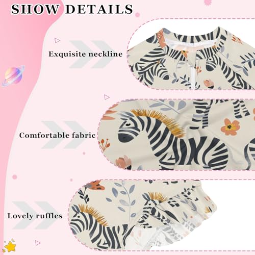Cute Hand Drawn Zebras and Flowers Girls Long Sleeve Swimsuit Rash Guard One Piece Bathing Suits Zipper 3-12T4
