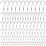 100PCS Screw Hooks for Hanging, 6 Size Vinyl Coated Cup Hooks Screw in Hooks, Multipurpos Ceiling Hooks for Hanging Plants Lights, Indoor/Outdoor Use - 1/2',5/8',3/4',7/8',1'',1-1/4' (White)