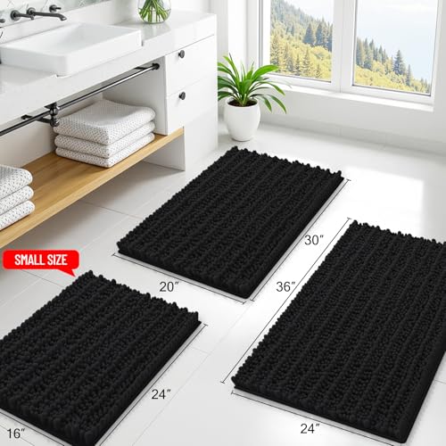 Image of Smiry Bathroom Rugs Mat 30x20, Extra Soft Absorbent Chenille Bath Rugs, Non Slip Rubber Backing Machine Washable Quick Dry Bath Mats for Bathroom Floor, Tub, Shower, Home Decor Accessories, Black