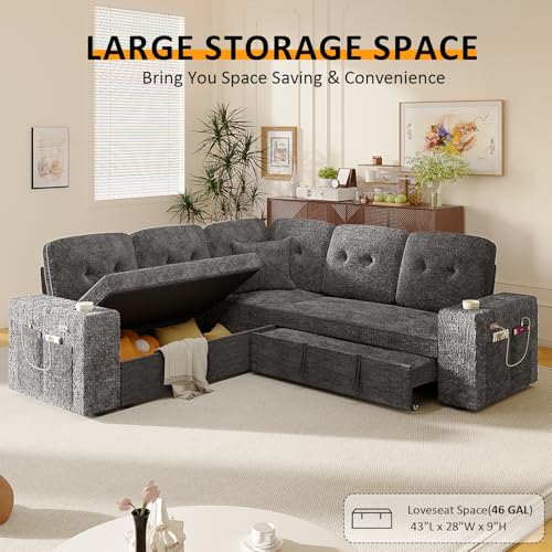 Image of Modular Sectional Sleeper Sofa with Pull Out Bed, 84 Inch L Shaped 5 Seat Couches for Living Room, Chenille Fabric Cloud Couch Bed with Storage & Reclining Backrest, USB Charging, Grey