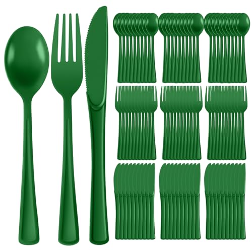 Plastic Silverware 300 PCS Disposable Silverware Heavy Duty Utensil Sets 100 Of Each Forks Knives & Spoons Disposable Cutlery Set For Easter Birthday Baby Shower Garden Party Wedding(300 Green)