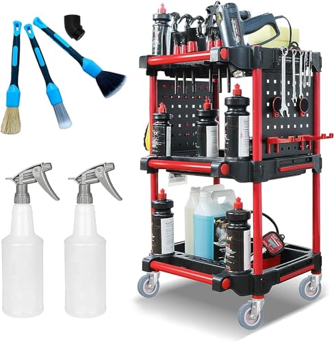 Carro de herramientas enrollable para detalles, carro de preparación de coche de 3 niveles con 2 placas laterales para colgar y ganchos, botellas de spray y cepillos de detalle para mecánicos