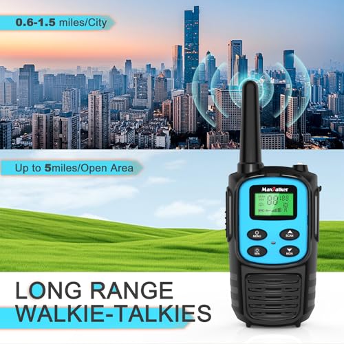 Image of MaxTalker Walkie Talkies Long Range, FRS Two Way Radio (2-Pack, Blue) | Rechargeable 1200mAh USB-C walkie talkie with NOAA, LED flashlight & VOX, Ideal for hiking, camping