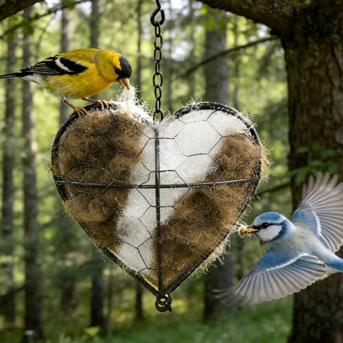 Nistmaterial für Wildvögel Vögeln Zupfherz aus Alpakafaser Handgefertigtes Aiedlichförmige Zupfherz Vogelnest Gartendeko Herz Kolibri Nistmaterialhalterung Unterschlupf für Balkon Garten Terrasse
