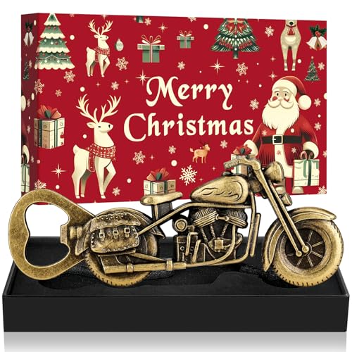 LKKCHER Apribottiglie di birra a forma di motocicletta, regalo di Natale per uomini, papà, marito, motociclista in bronzo, con confezione natalizia e biglietto di Natale