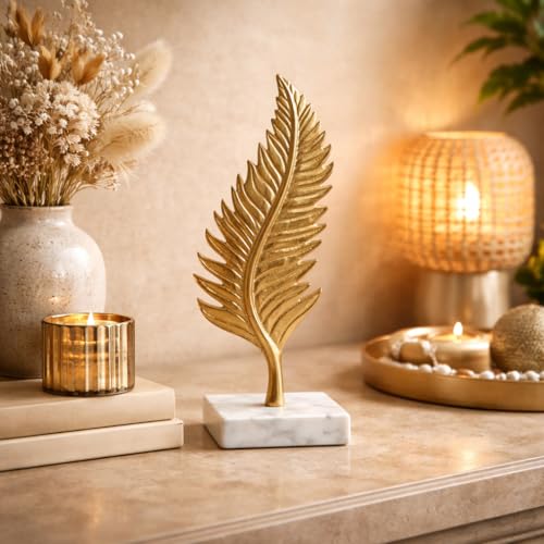 Image of CraftVatika Metal Golden Leaf on Marble Base Showpiece, Deorative Showpiece Items for Living Room Tabletop Items for Home Decor, Metal Entire Leaf Figurine Office Decor Housewarming