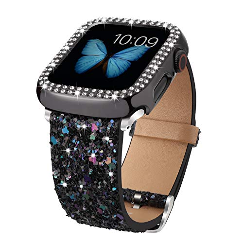 Bling Bands Compatible with Apple Watch Band 38mm 40mm 42mm 44mm + Case, Women Glitter Leather Strap with Bling Diamond Protector Cover for iWatch Series 6 5 4 3 2 1 SE Sport Edition (Black, 44mm)