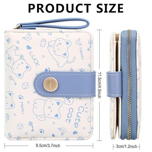 Image of Farcauo Cat Pattern Wallet for Women and Ladies Small Cute Kawaii Blue Coin Purse with ID Window and Credit Card Holder Compact Wallet for Women and Ladies