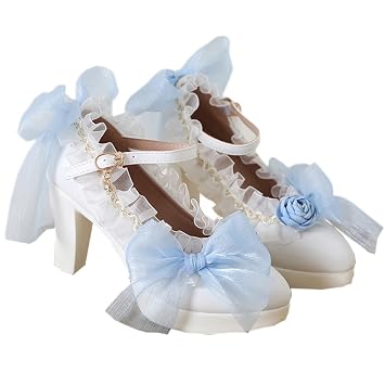 Lolita high heels lace bow high heels Elegant pointed sandals Bold heel Heel height 6cm 7.5, Blue